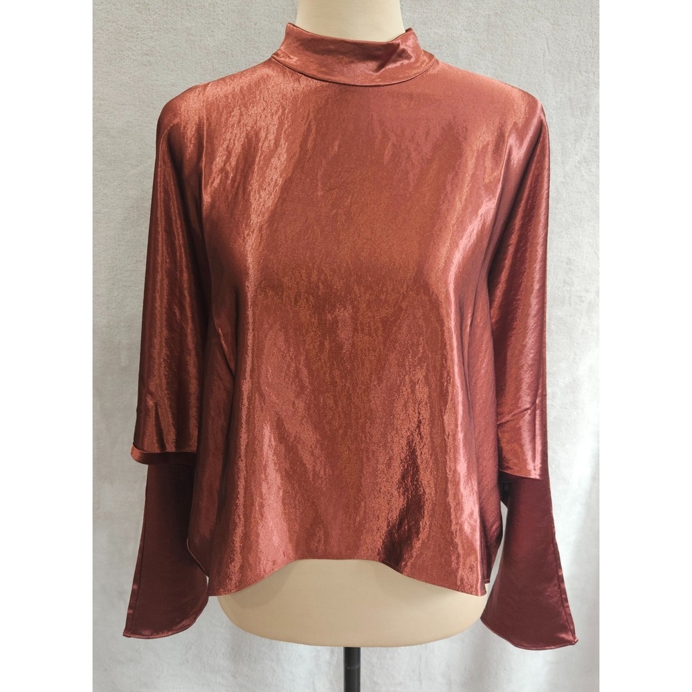 Amanda Uprichard Covey Top Russet Shimmer Mock Neck Blouse Oversized Medium NWT